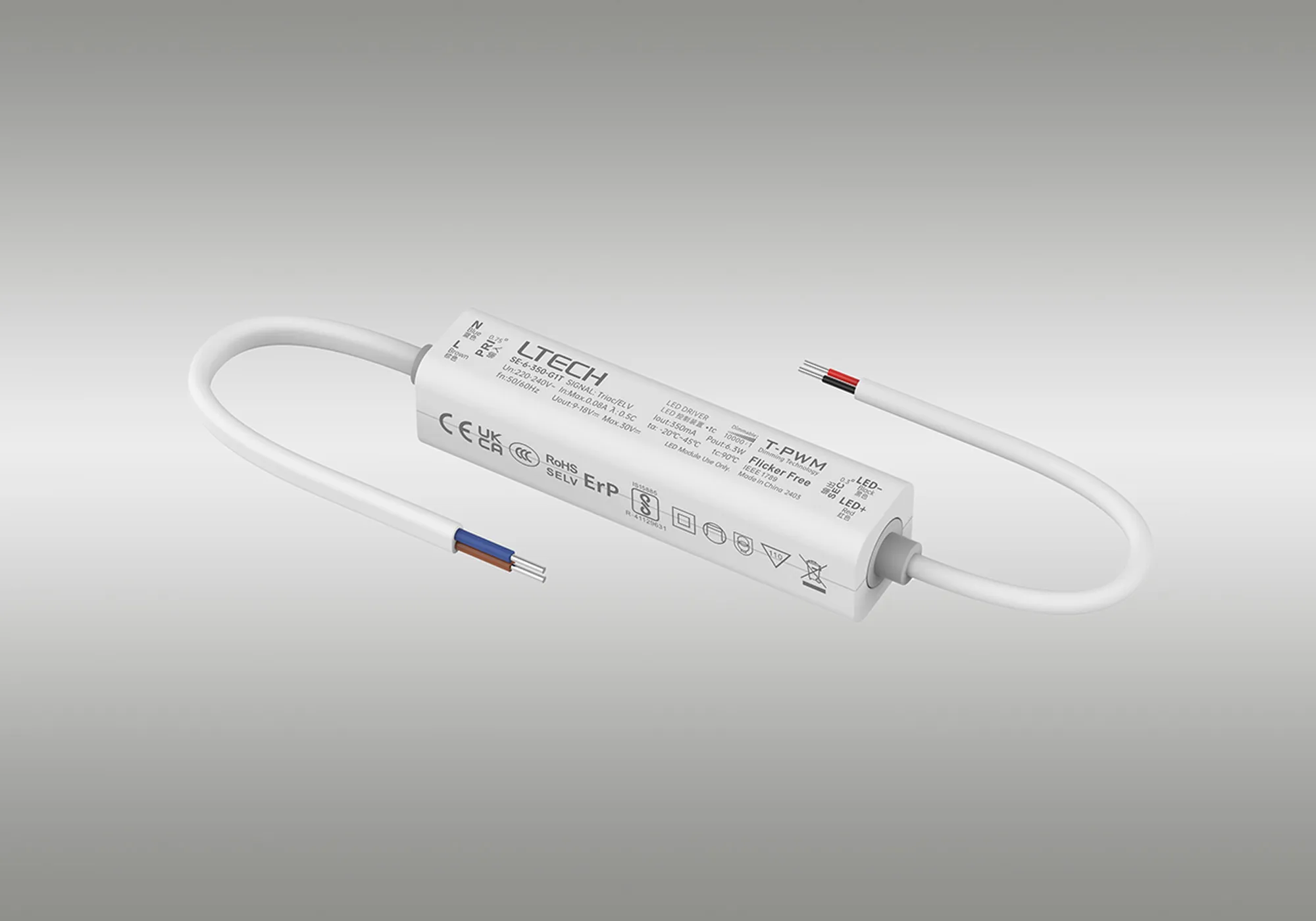 Triac/ELV, PWM,6W, C. Current Dimmable Driver, 350mA, DC:9-42Vdc, EFF>70%, IP20. SE-6-350-G1T  LTECH Triac Constant Current